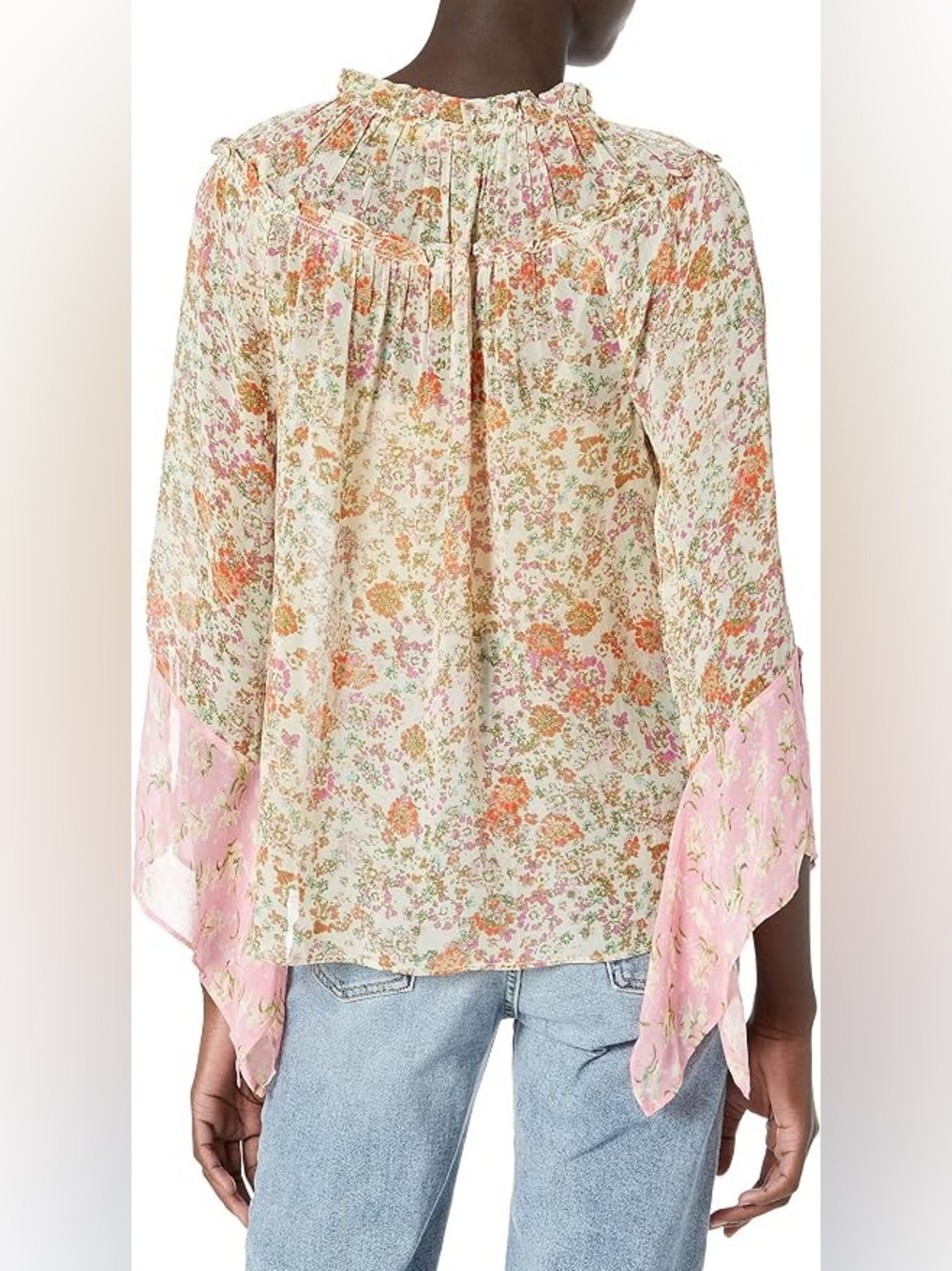Ramy Brook Cream + Pink Floral Peasant Blouse, Boho Butterfly Flutter Sleeve, L